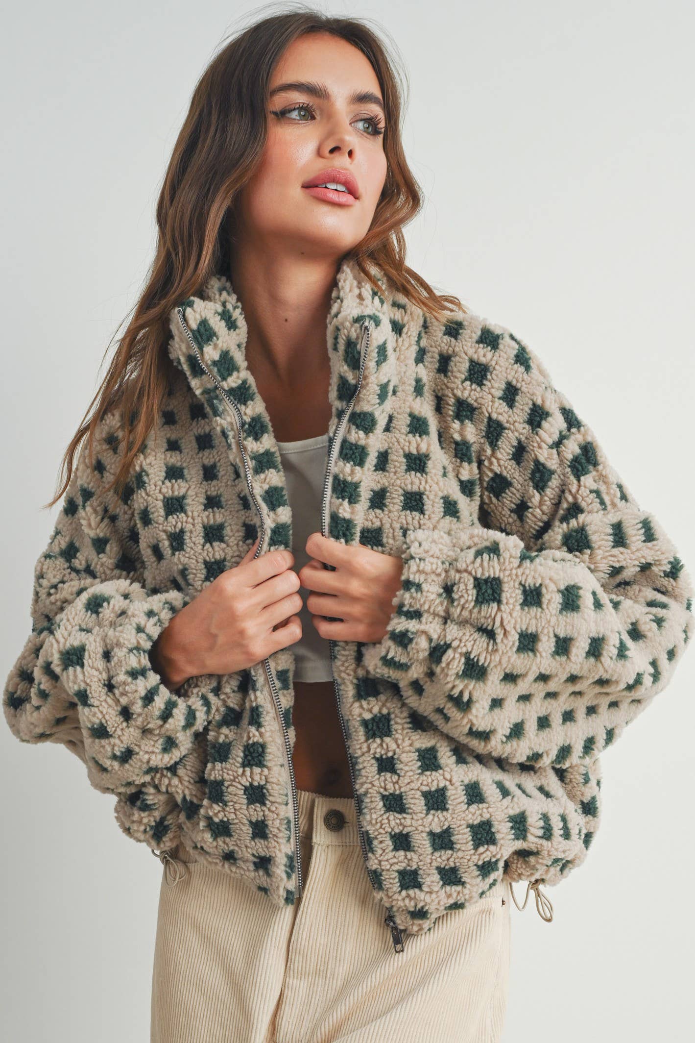 Coastal Checker Teddy  Jacket:: IVORY MULTI