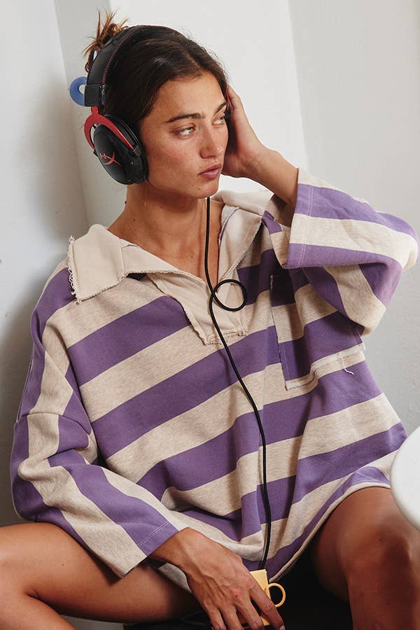 Mounties Striped Big-Collar Pullover Sweatshirt: PURPLE/OATMEAL