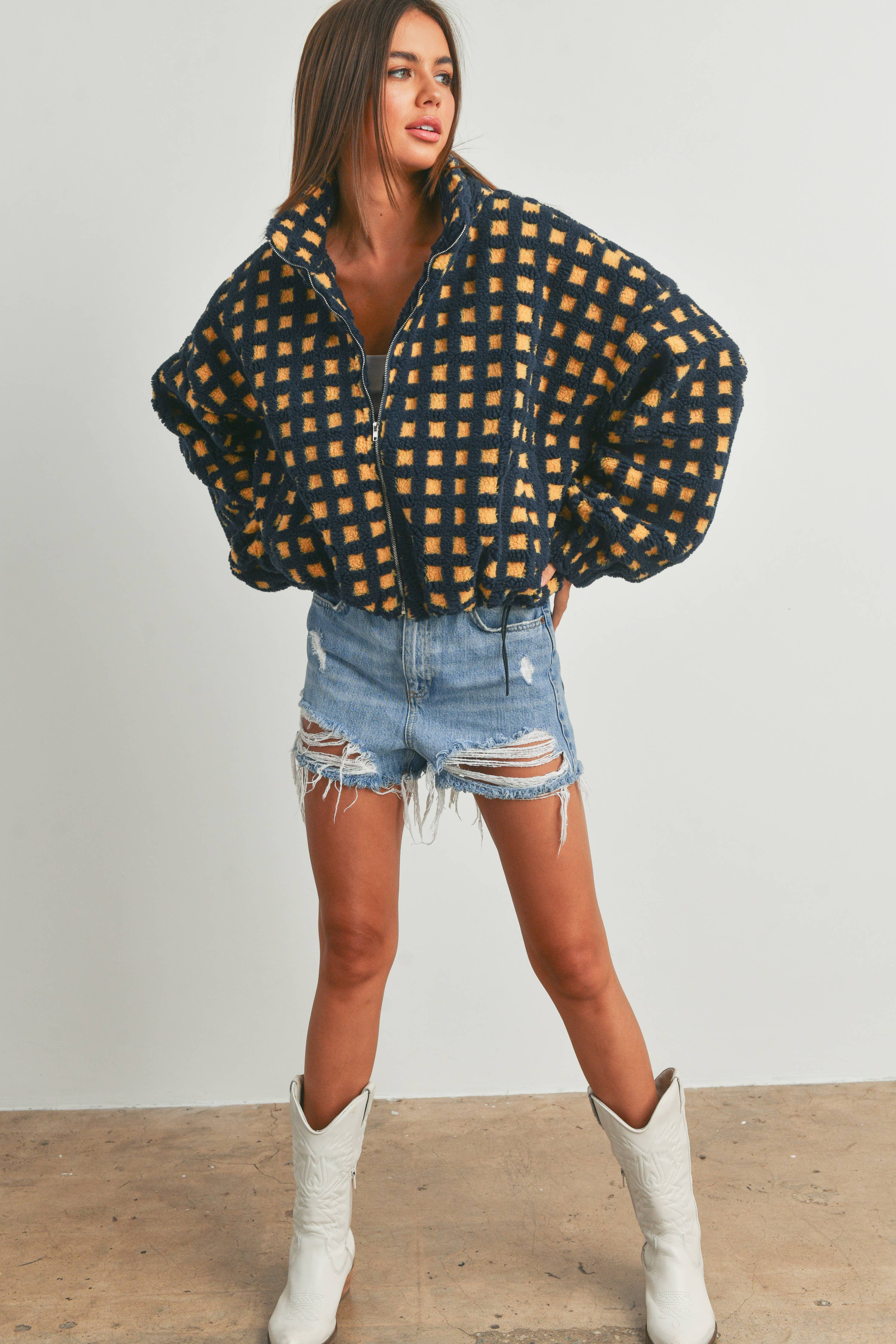 Coastal Checker Teddy  Jacket:: IVORY MULTI