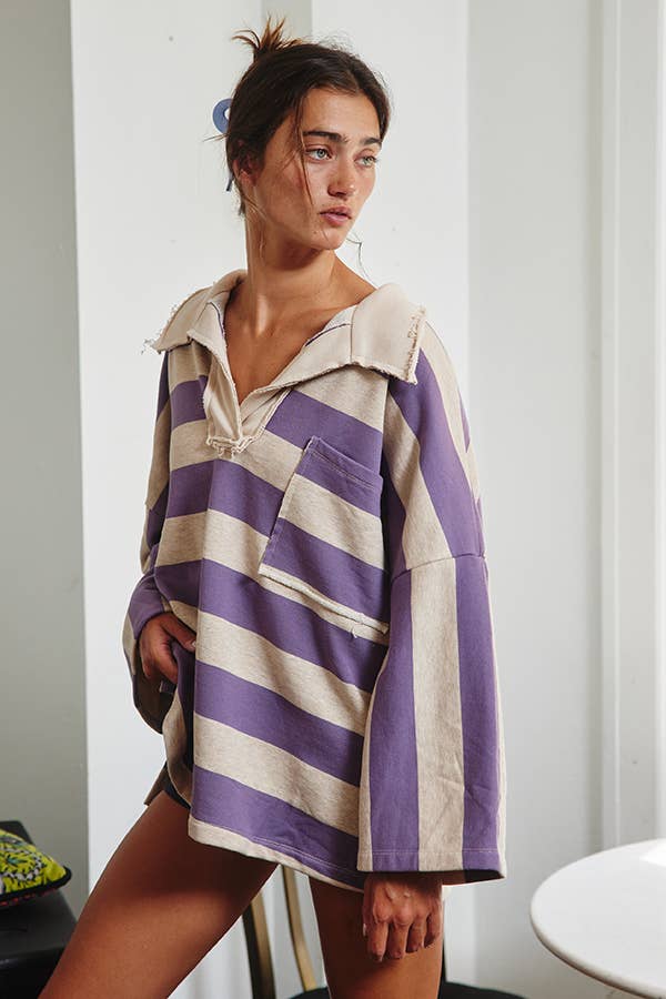 Mounties Striped Big-Collar Pullover Sweatshirt: PURPLE/OATMEAL