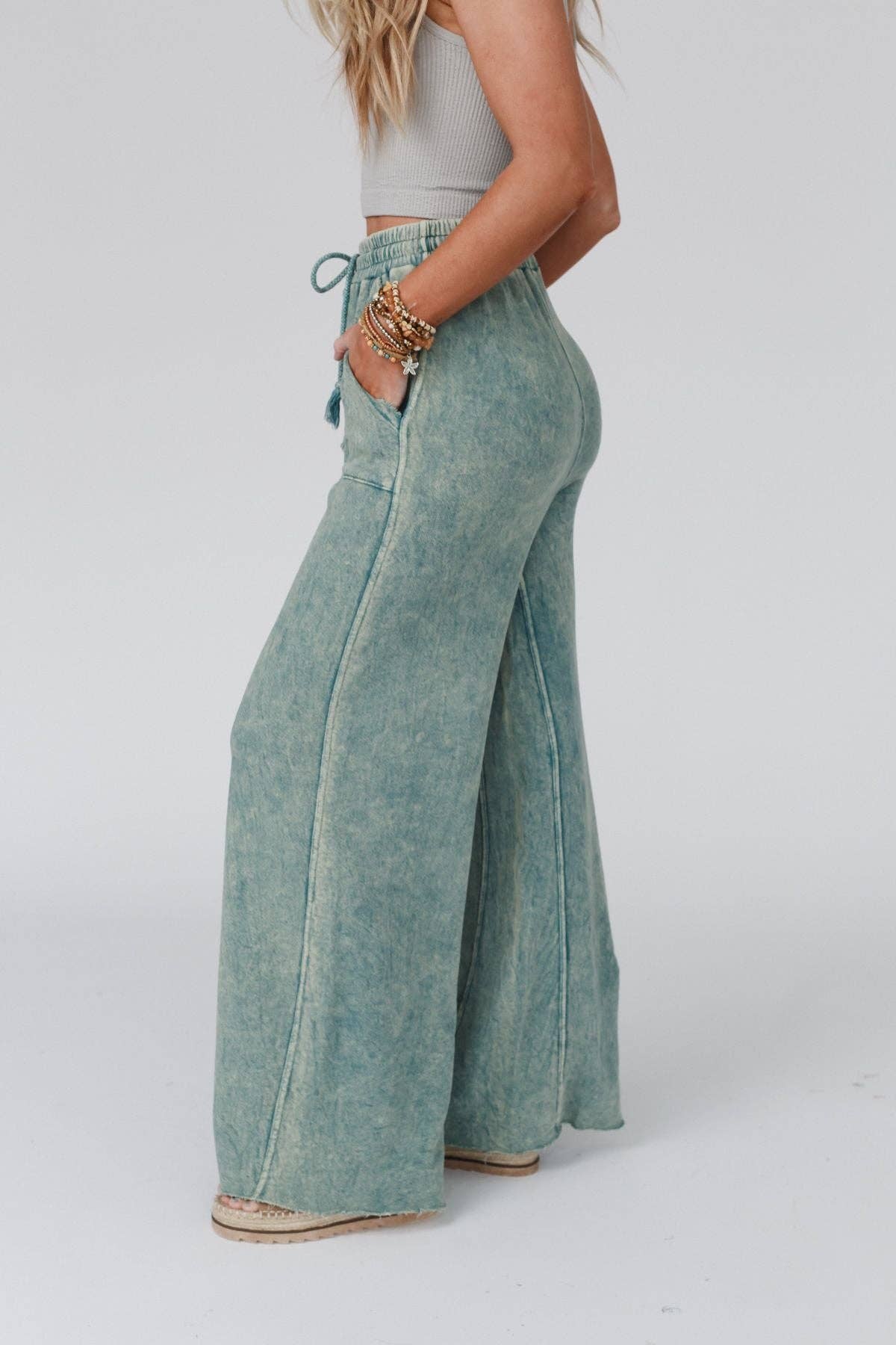 Tidal Drift Wide Leg Pant- Teal Vintage Wash