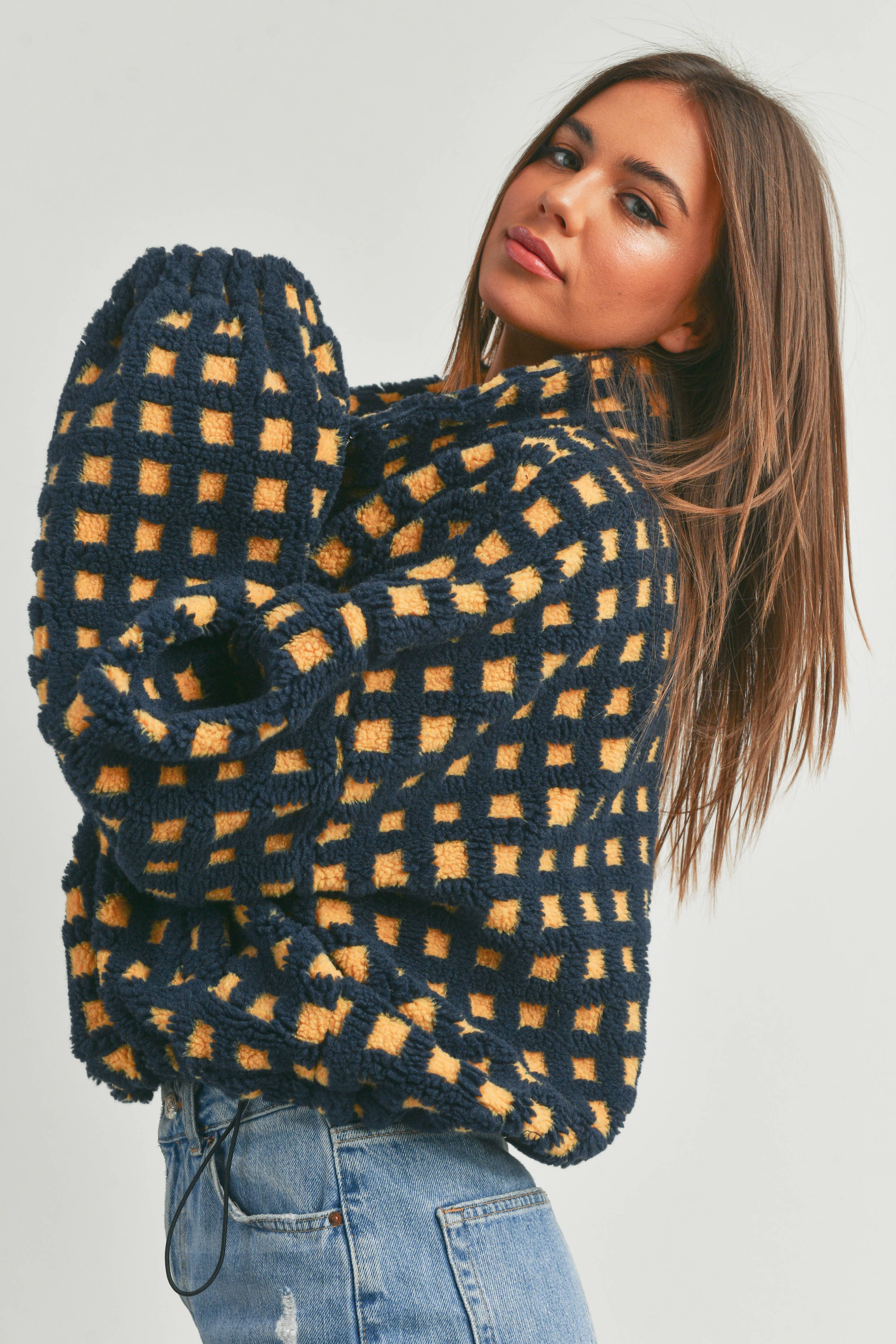 Coastal Checker Teddy  Jacket:: IVORY MULTI