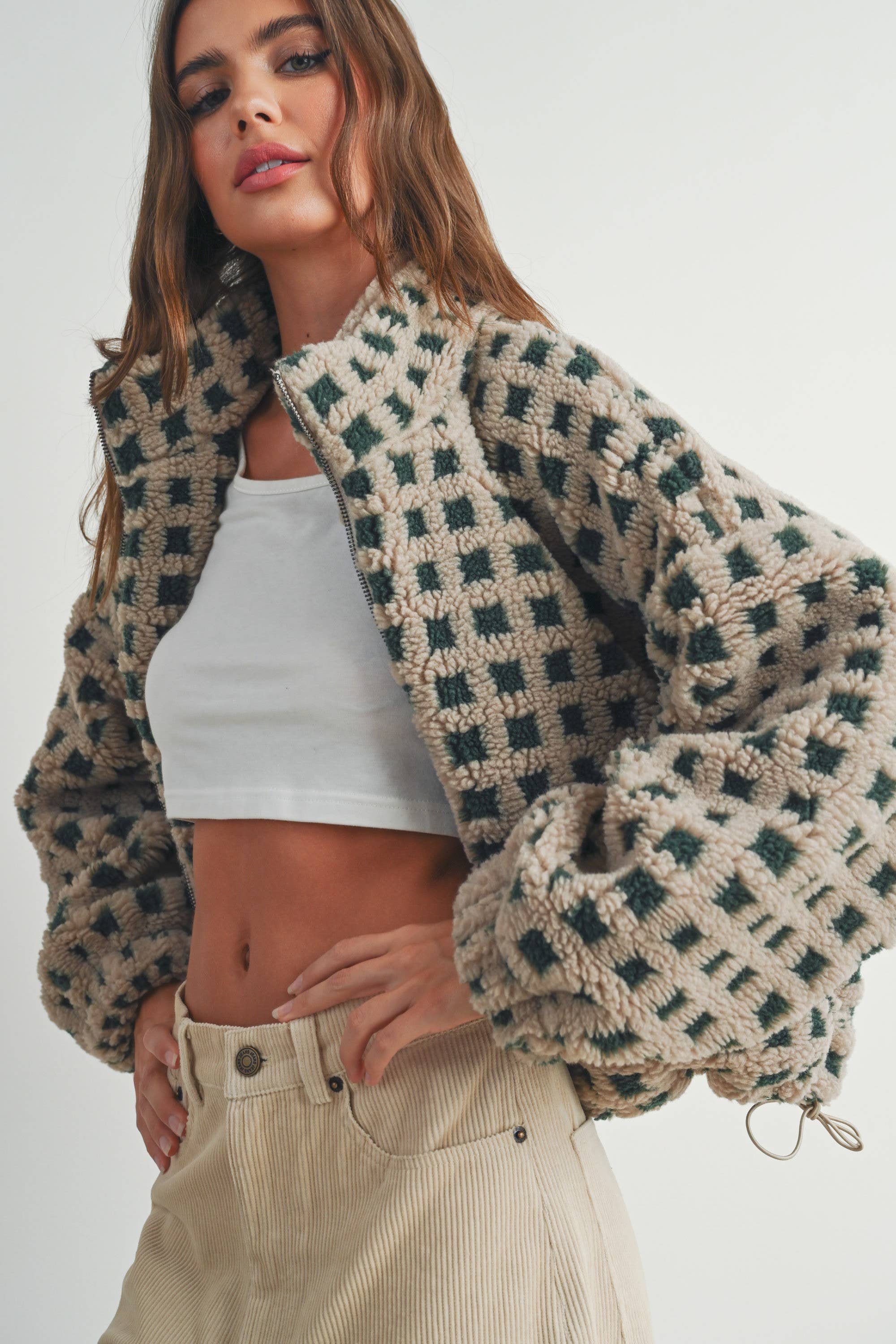 Coastal Checker Teddy  Jacket:: IVORY MULTI