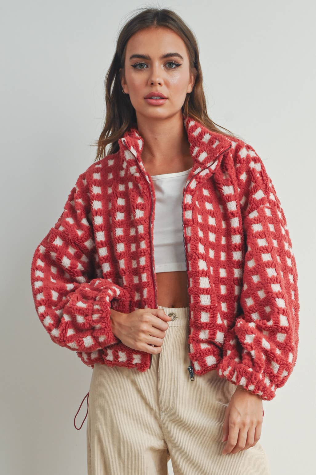Coastal Checker Teddy  Jacket:: IVORY MULTI