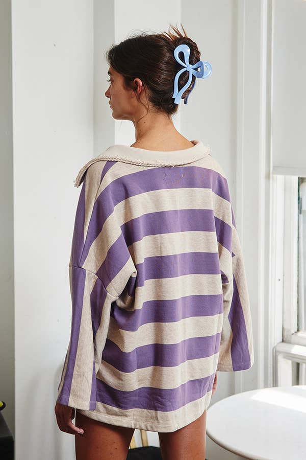 Mounties Striped Big-Collar Pullover Sweatshirt: PURPLE/OATMEAL