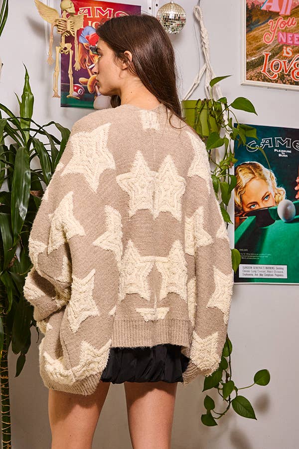 Super Star Oversized Cardigan Sweater: TAUPE body and Cream Stars