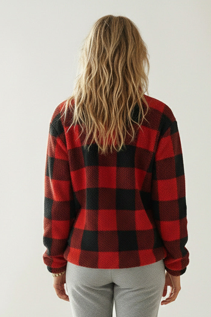 Shoreline Fireside Half Zip: Black Quilted Yoke-Red/Black  Sherpa One size :fits Small/Medium