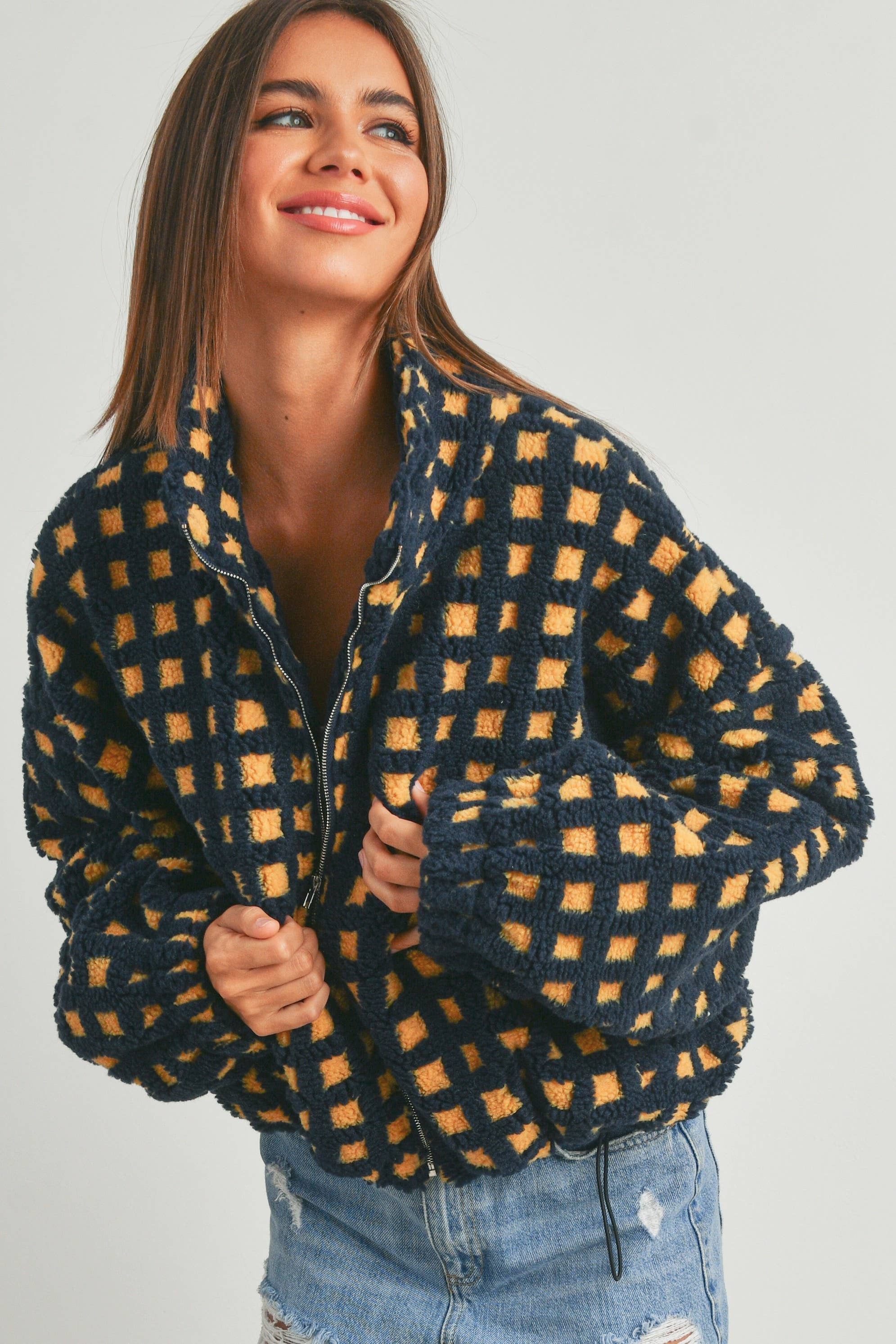 Coastal Checker Teddy  Jacket:: IVORY MULTI