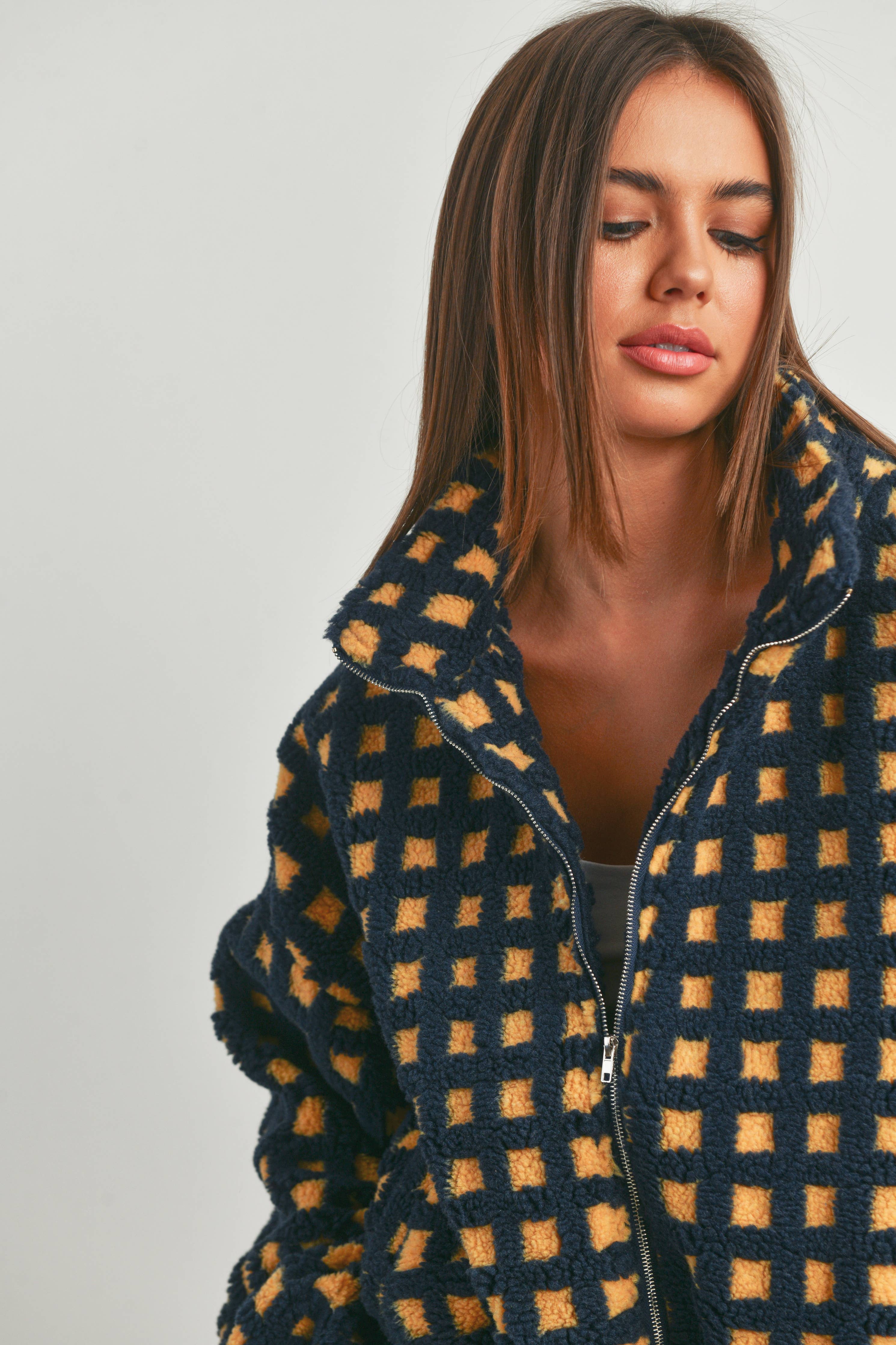 Coastal Checker Teddy  Jacket:: IVORY MULTI