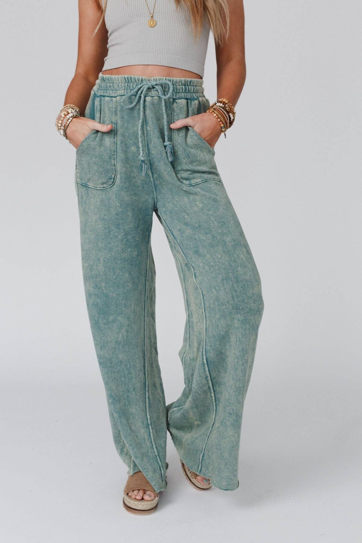 Tidal Drift Wide Leg Pant- Teal Vintage Wash