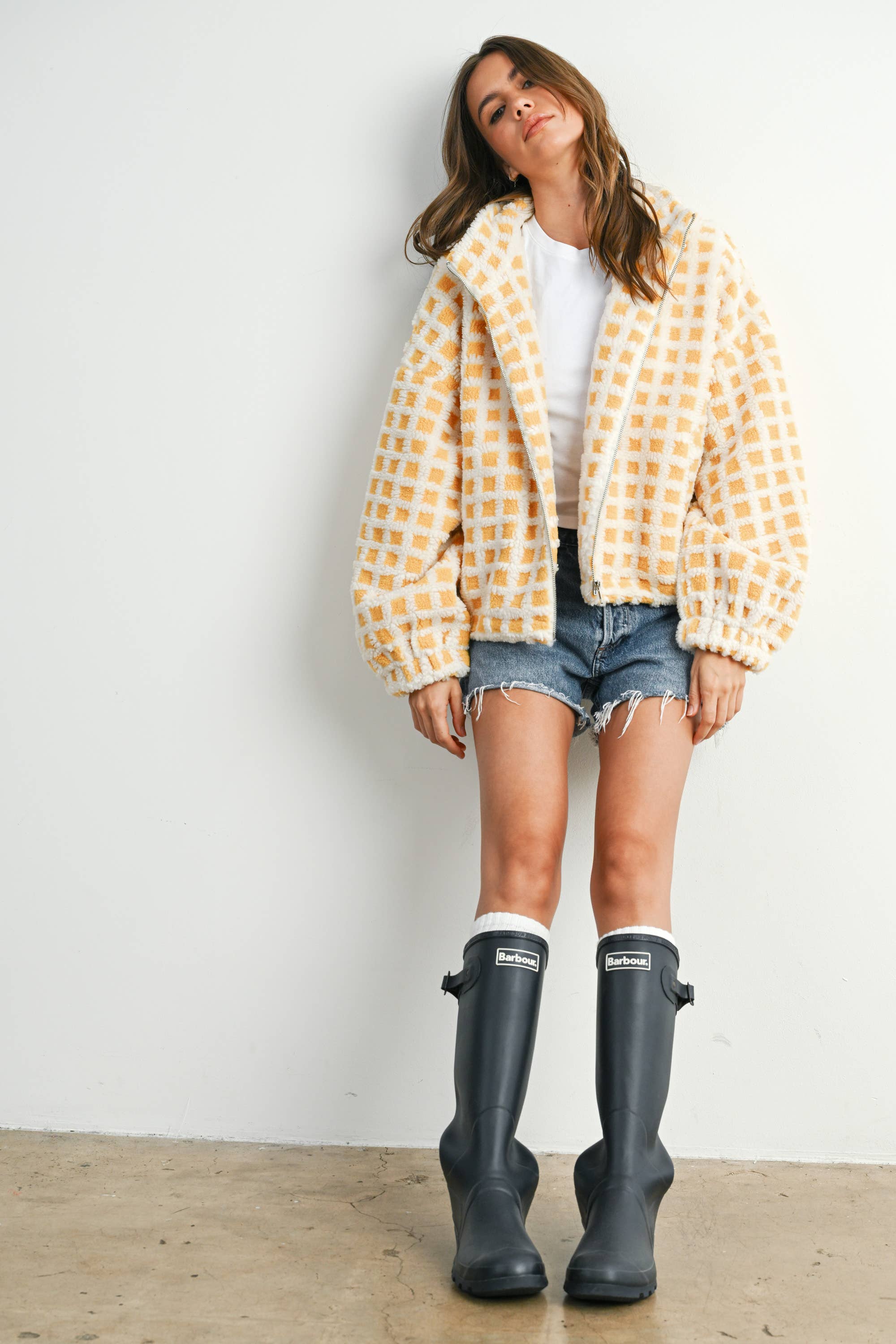 Coastal Checker Teddy  Jacket:: IVORY MULTI