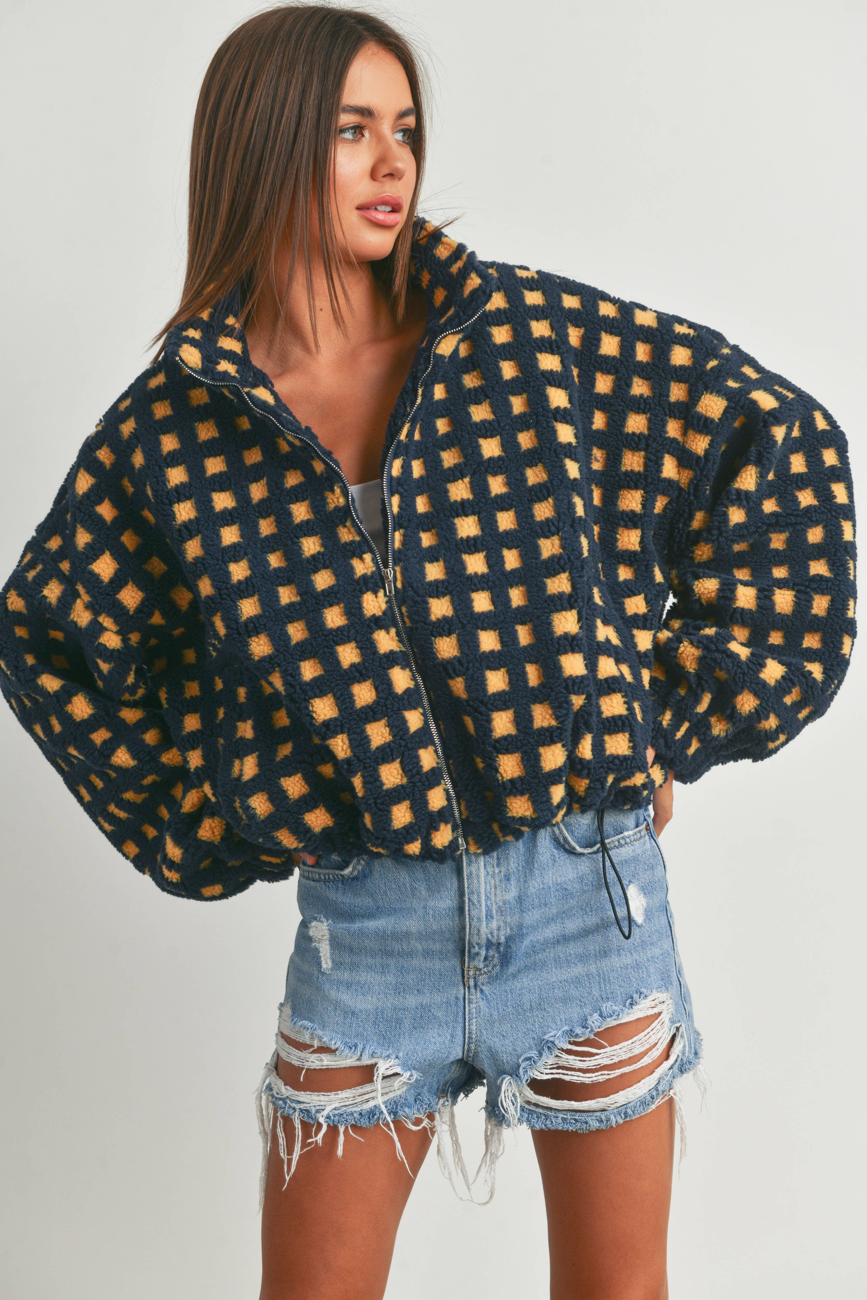 Coastal Checker Teddy  Jacket:: IVORY MULTI