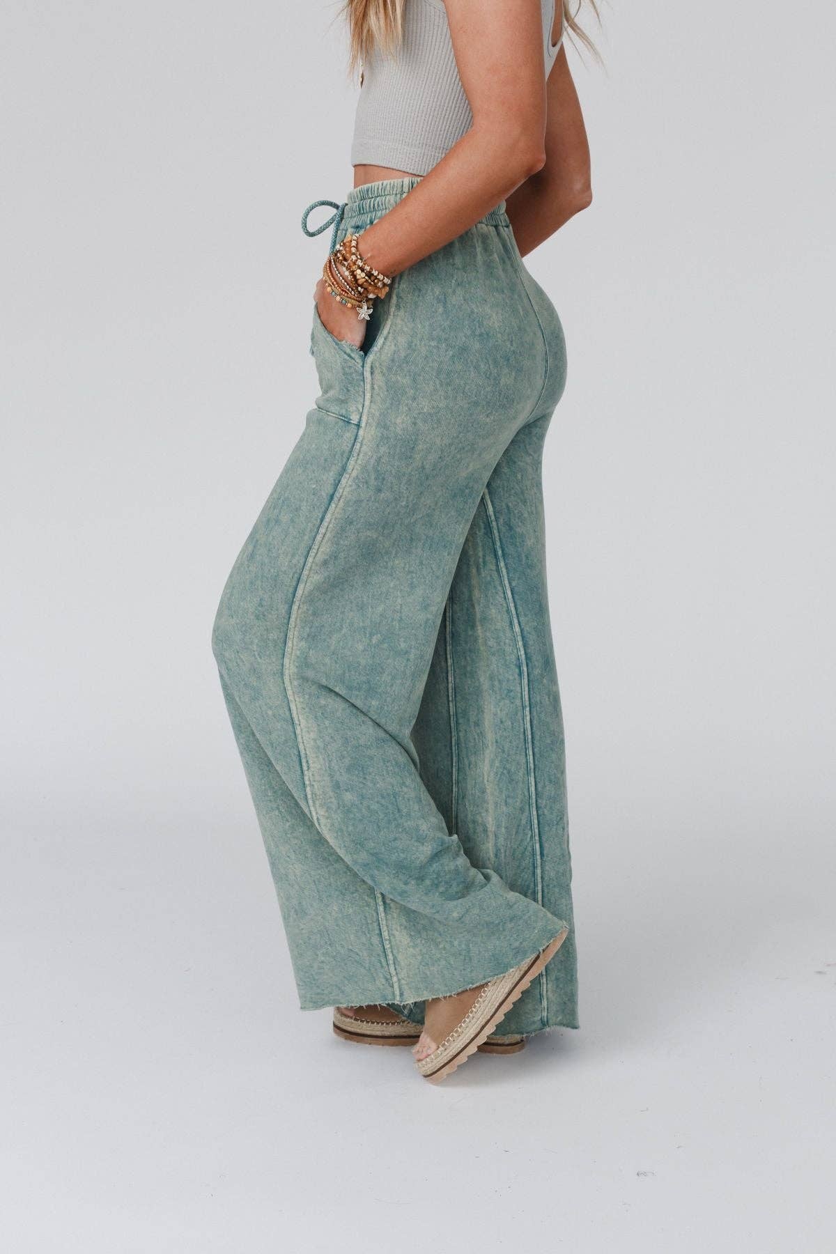 Tidal Drift Wide Leg Pant- Teal Vintage Wash