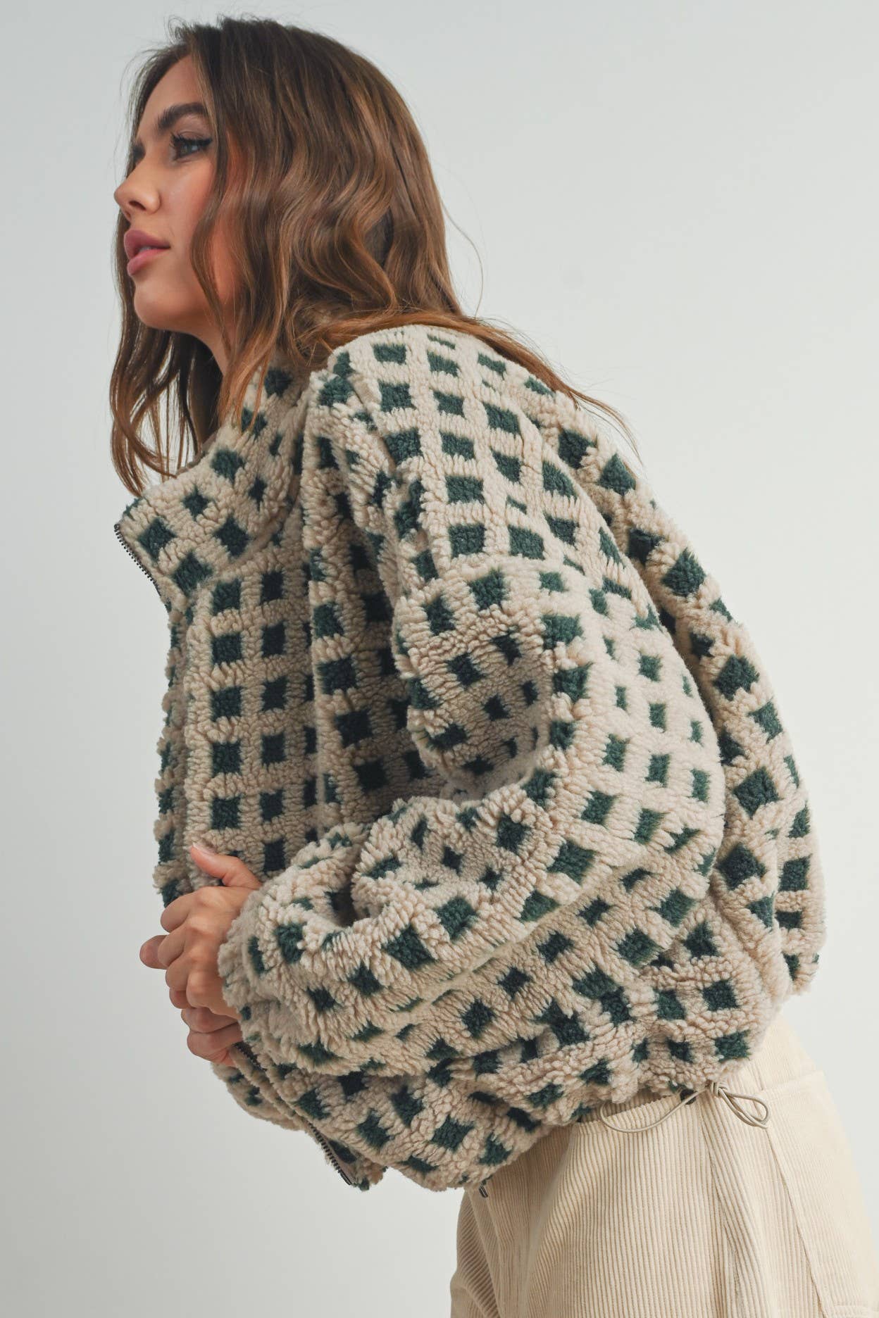 Coastal Checker Teddy  Jacket:: IVORY MULTI