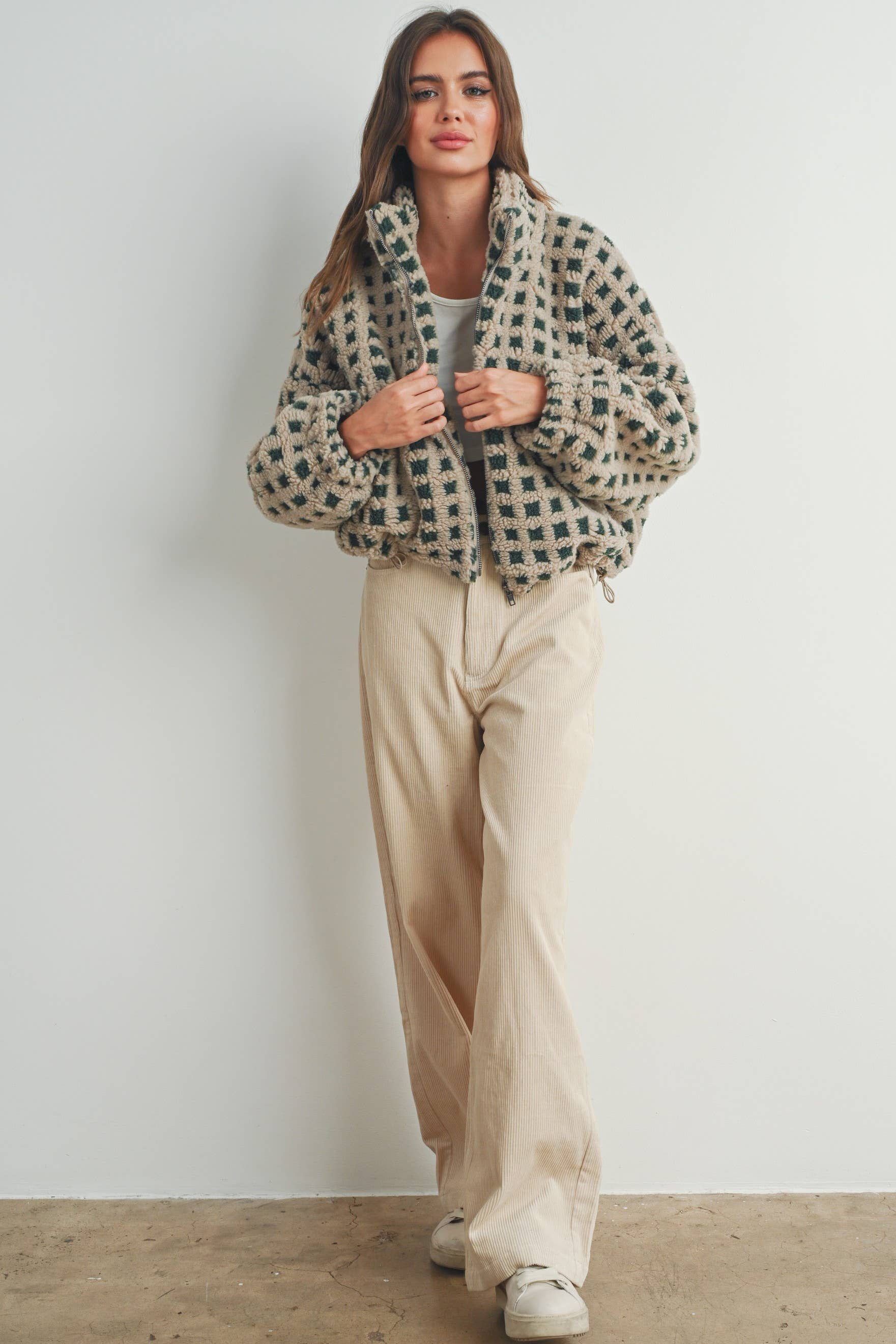Coastal Checker Teddy  Jacket:: IVORY MULTI