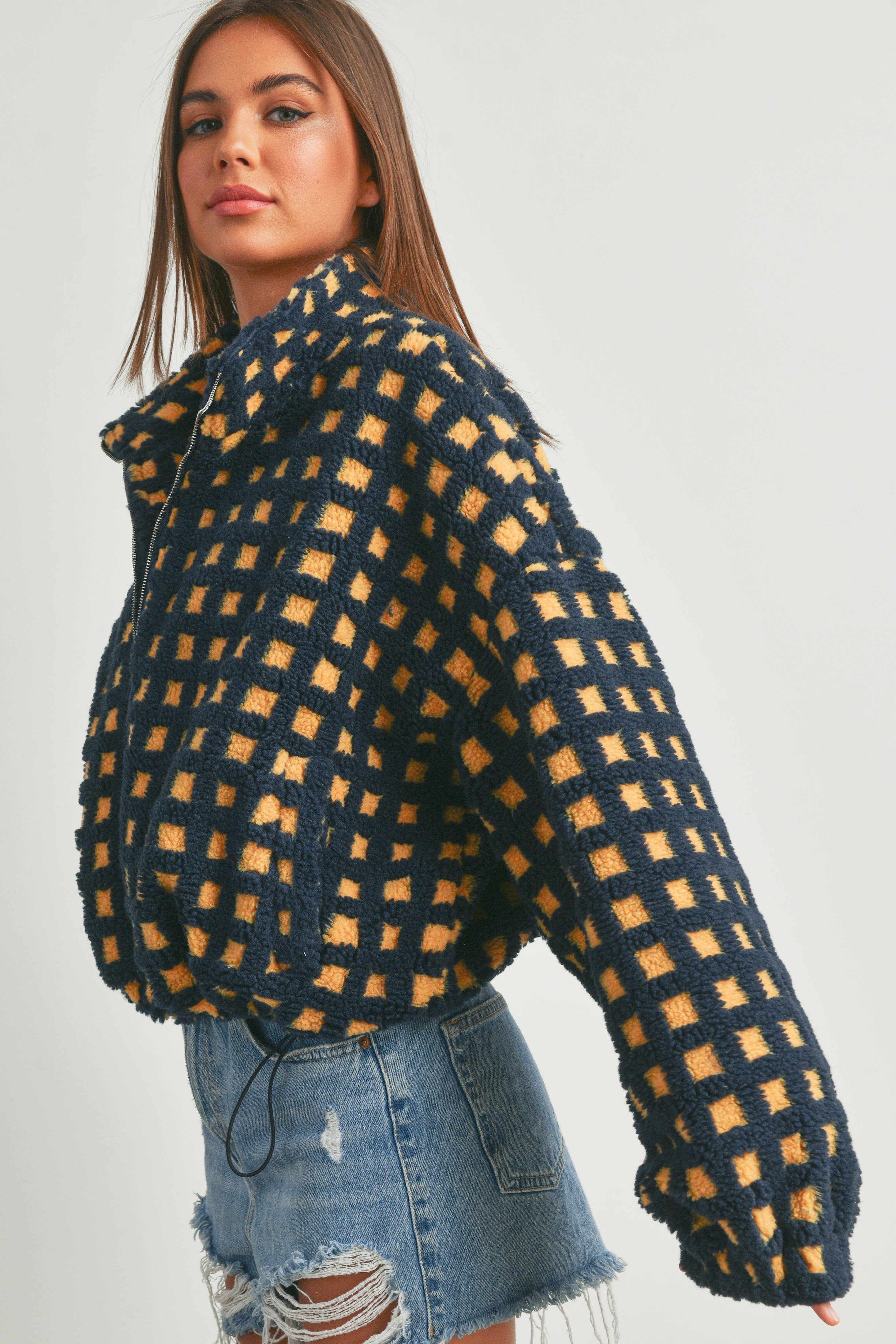 Coastal Checker Teddy  Jacket:: IVORY MULTI